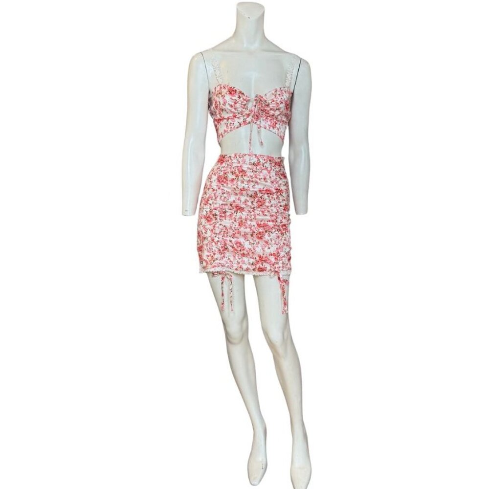 O.Vianca Floral Cropped Cami Tie Front Top and Mini Skirt Pink White Size Large